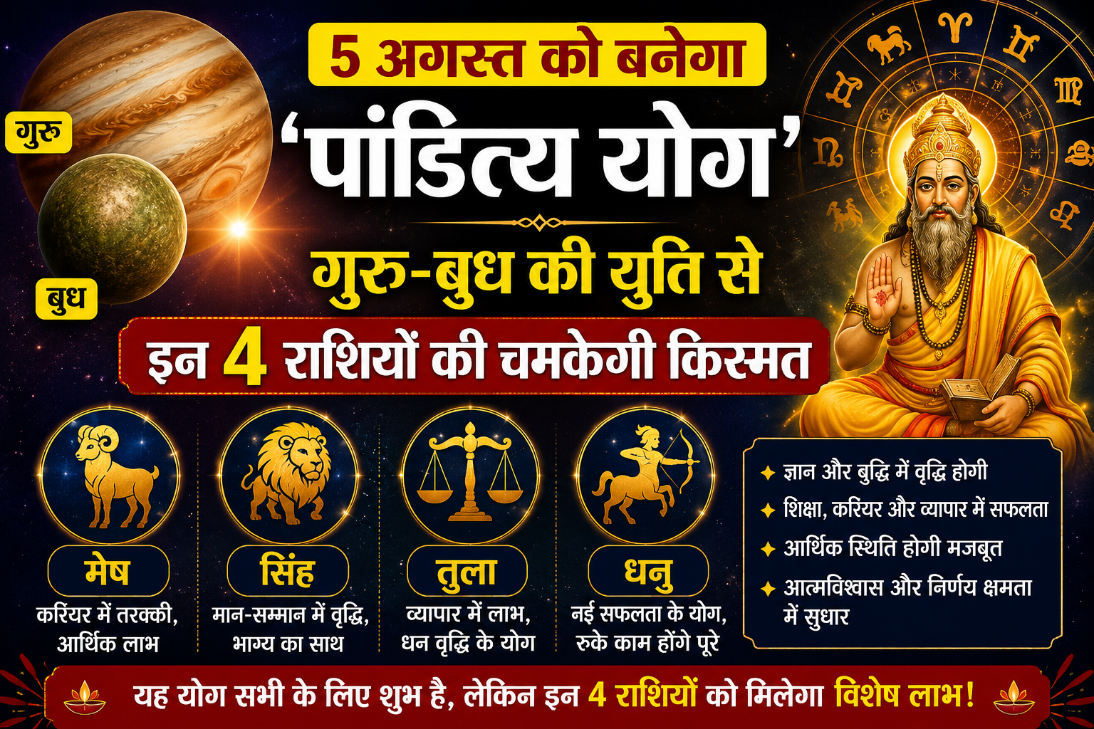 5 अगस्त को बनेगा 'पांडित्य योग', गुरु-बुध की युति से इन 4 राशियों की चमकेगी किस्मत