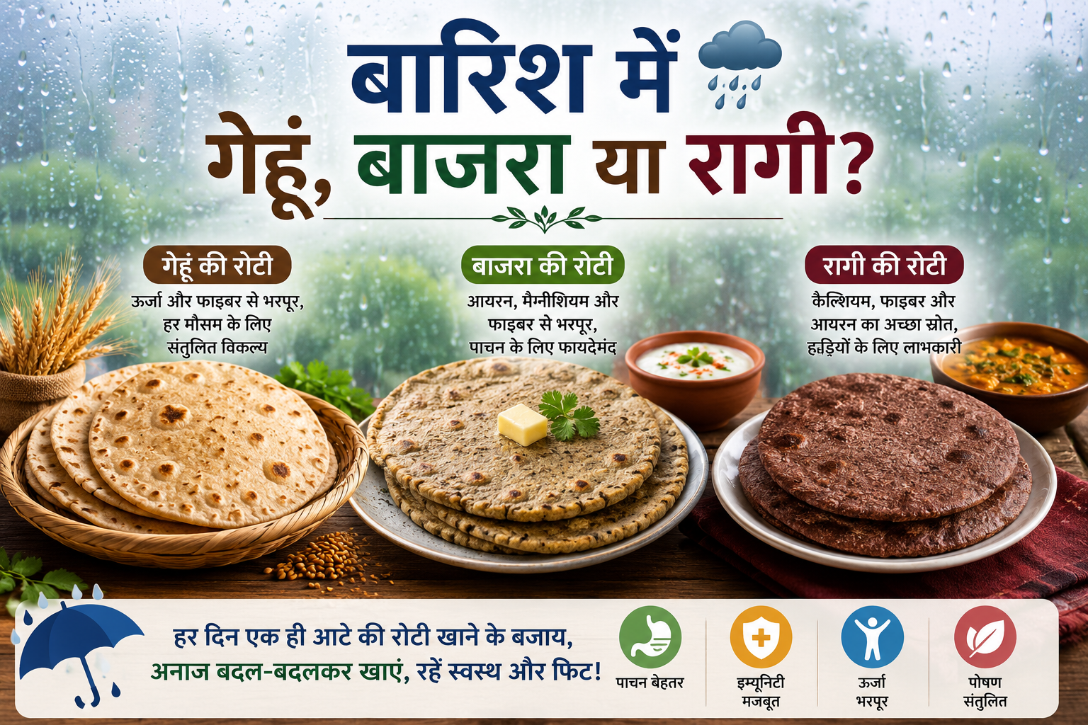 बारिश में गेहूं, बाजरा या रागी? जानिए किस आटे की रोटी है सबसे बेहतर और एक ही आटा रोज खाने के नुकसान
